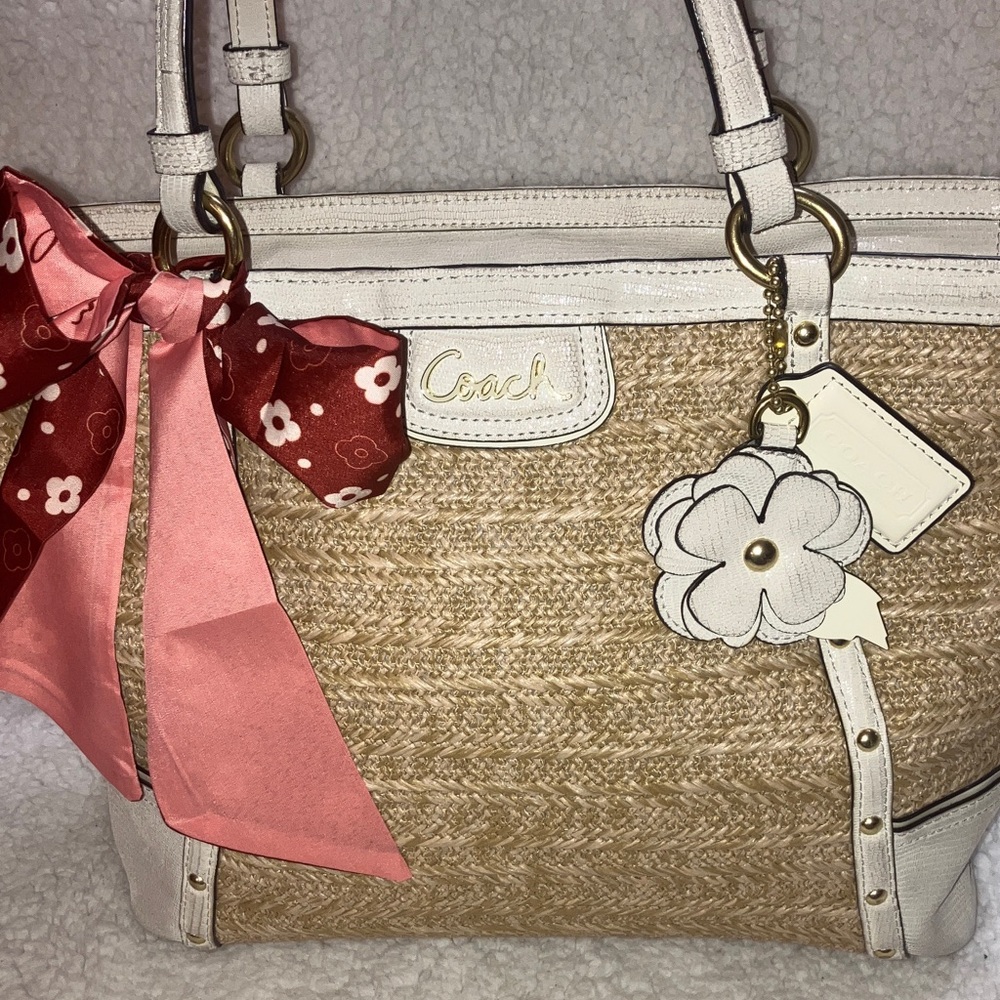 Coach Alexandra Straw python leather trimmed Tote… - image 15